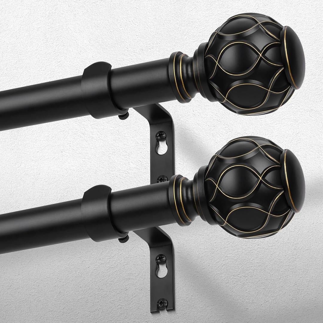 2 Pack Black Curtain Rod, Heavy Duty 1 Inch Decorative Curtain Rods for Windows 48 to 84 Inch, Single-Side Adjustable Vintage Rustic Matte Black Drapery Pole Set with Netted Texture Finials