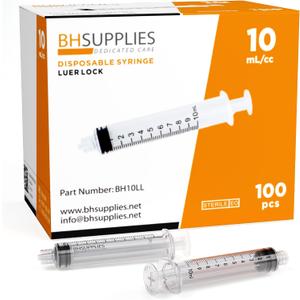 BH Supplies 10ml Luer Lock Tip Syringes (No Needle) - Sterile, Individually Wrapped - 100 Syringes