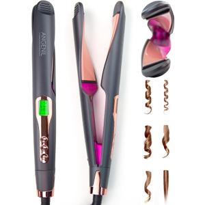 ANGENIL Pro Twist Ceramic Flat Iron 1 Inch, Dual Voltage Hair Straightener and Curler 2 in 1, Multi-Stylers Round Flat Iron Hair Curling Iron, Fast Heating LCD Display, 11 Adjustable Temp (250-450 ) (Grey)