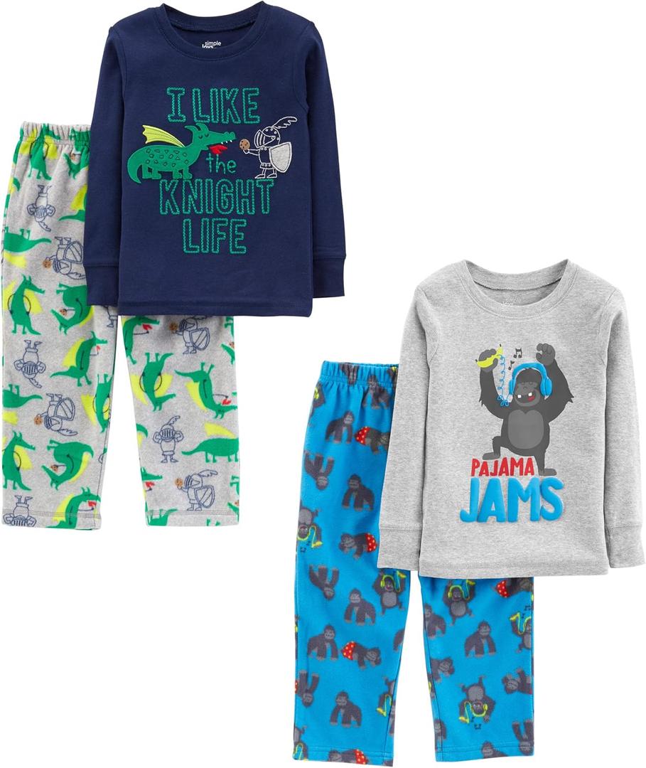 Simple Joys by Carter's Boys and Toddlers' 4-Piece Pajama Set (Cotton Top & Fleece Bottom) 5T