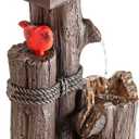 Alpine Corporation 35" Tall Outdoor 3-Tier Birdhouse Water Fountain with Cardinal Accent, Rustic Floor Decor for Garden and Patio, Brown