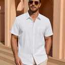 Alimens & Gentle Mens Linen Shirt Short Sleeve Casual Untucked Button Down Cotton Shirts Lightweight Beach Tops Summer (White, L)