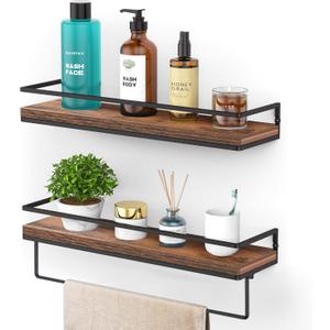 Meangood Floating Shelves Wall Mounted Set of 2, Towel Bar Rustic Wood Wall Storage Shelves for Bedroom,Living Room,Bathroom, Kitchen Rustic Brown (2+1 Pack)