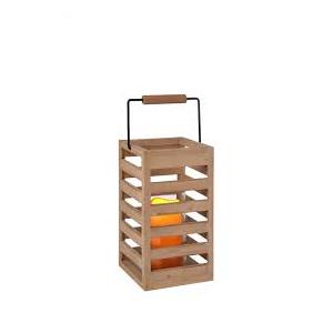 Slatted Wooden Lantern with Black Metal Handle and Natural Finish 11"