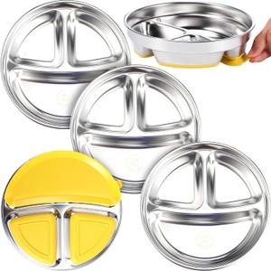 Yinder 3 Pack Stainless Steel Kids Plates with Suction Round Divided Toddler Plates 7.3 Removable Silicone Sleeves Anti Breakage Metal Toddler Bowls (Silver)