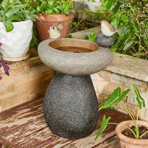 Glitzhome 20.75" H Water Fountain with LED Light and Pump, Zen Style Faux Stone Texture Birdbath Outdoor Fountains with Birds Decor, Floor Fountain for Porch Deck Patio Backyard