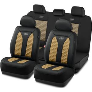Skechers Memory Foam Car Seat Cover Full Sets, Hexcomb Breathable Thick Seat Covers, Airbag Compatible, Automotive Comfort & Protection for Most Cars,Van,Trucks, SUVs (Beige,Full Set)