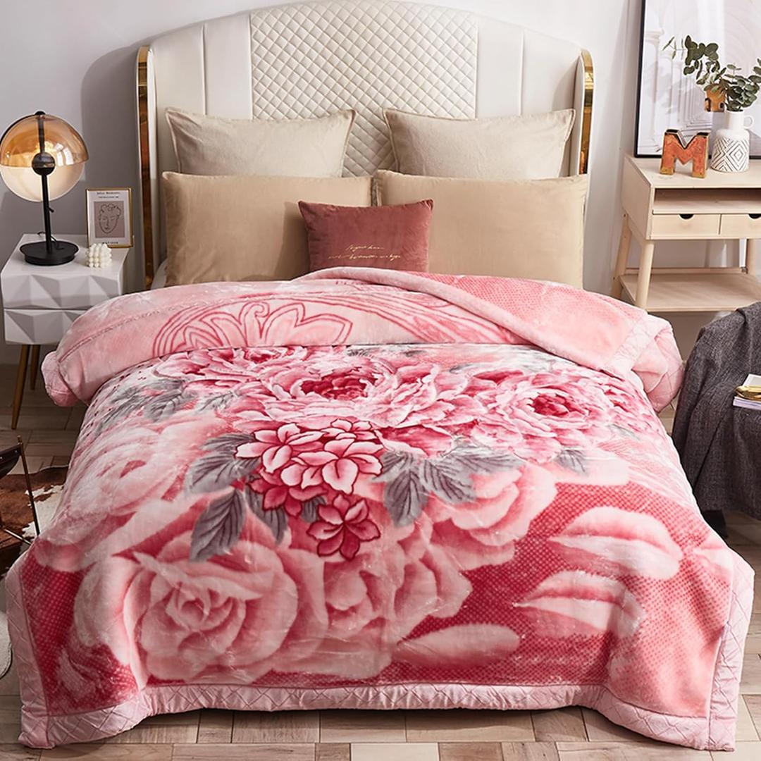 Mink Blankets, 7.7 lbs Korean Heavy Fleece Plush 78x90 inch 2 Ply Blankets with Peony Pattern Queen Size Soft Cozy Raschel Blanket for Autumn Winter (Pink)
