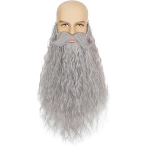 Yan Dream Long Curly Wizard Beard Men Full Fake Beard and Handlebar Mustache Cosplay Costume Facial Hair (Gray)