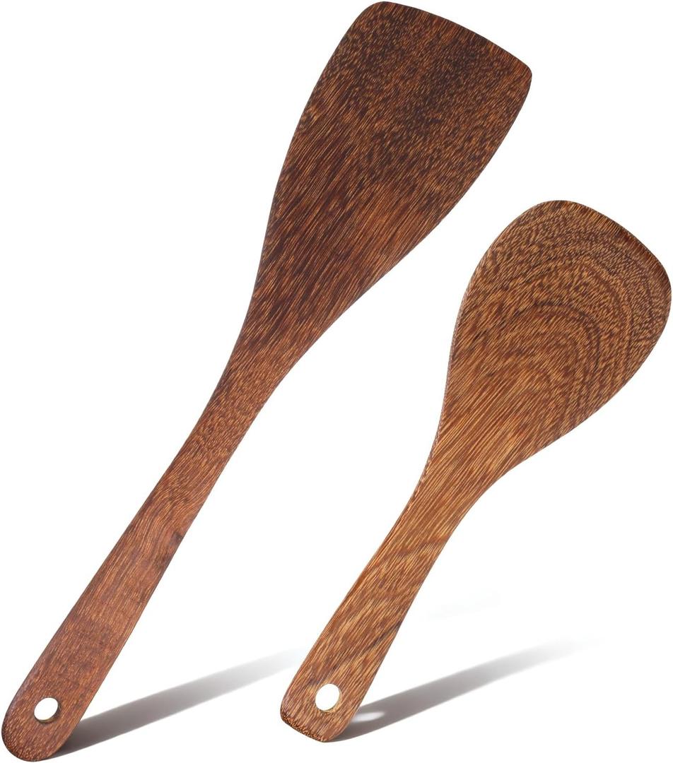 2 Pcs Wooden Spatula Set for Cooking, Flat Wooden Spatula, 13 Inches Natural Wooden Spatulas, Long Handle Flat Frying Spatulas, Cooking Utensils for Stir-Fry Pans, Non-Stick Pans, Cooking Pots
