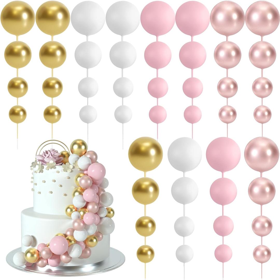 48 Pcs Cake Topper Decorations - Balloon Cupcake Toppers, Foam Balls for Birthday Party Wedding Cake Decorating (Rose Gold, Pink, White, Gold)