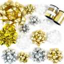 WRAPAHOLIC 16 Pcs Gift Bows Assortment - 14 Multi Colored Assorted Size Gift Bows (Gold, Silver, White) and 2 Crimped Curling Ribbons, Perfect for Christmas, Holiday, Party