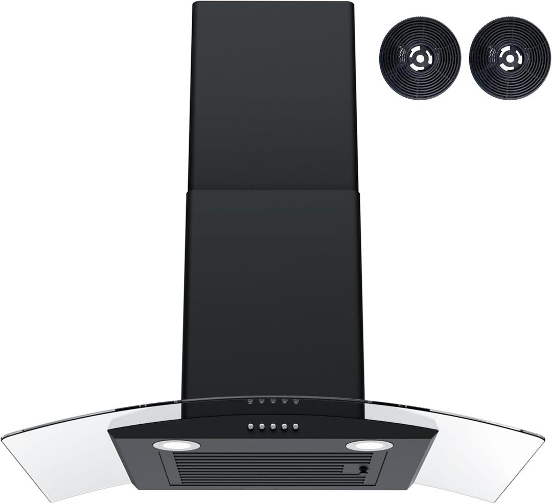 FIREGAS Wall Mount Range Hood 30 inch with 3 Speed Fan,black range hood with tempered glass,400CFM,Push Button Controls, LED Lighting, Permanent Filters in Stainless Steel,includes 2 Charcoal Filters