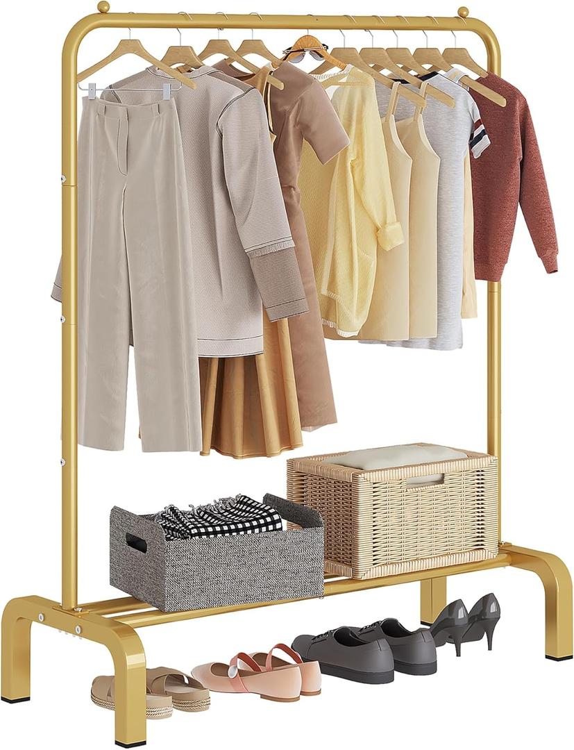 JIUYOTREE Standard Clothes Clothing Garment Rack with Storage Shelves Clothes Organizer for Hanging Clothes Coat Jacket Shirt Sweater Jeans Gold,  Size: 34"W x 16.7"D x 58"H without wheels