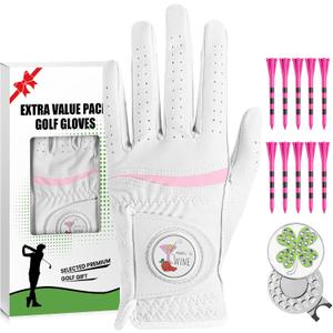 Amy Sport Womens Golf Glove 1 Pack with 2 Ball Marker & 1 Hat Clip & 10 Plastic Tees, Microfiber & Leather All Weather Grip Glove for Left or Right Hand, Soft Comfortable Ladies Gloves