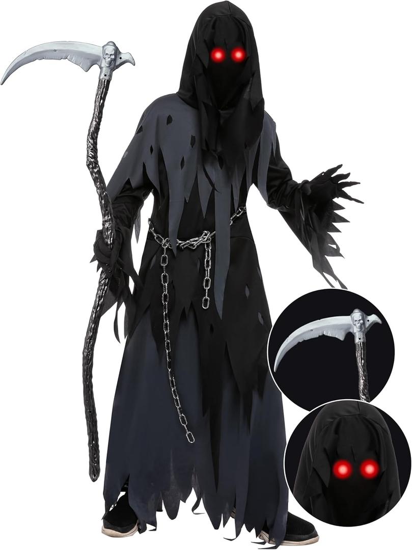 Spooktacular Creations Glowing Eyes Grim Reaper Costume for Kids, Scary Halloween Costume for Boys (Large (10-12 yr))