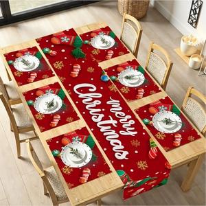 Christmas Table Runners and Placemats Set of 6, Christmas Stockings & Candy Design, Red & Green, Perfect for Holiday Dining, 7-Piece Christmas Table Decoration