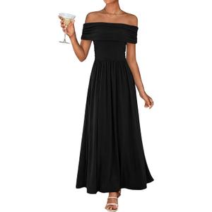 KIRUNDO Cocktail Dresses for Women 2026 Summer Off The Shoulder Ruched Pleated Long Flowy Formal Party Maxi Dresses Pockets (X-Large, Black)