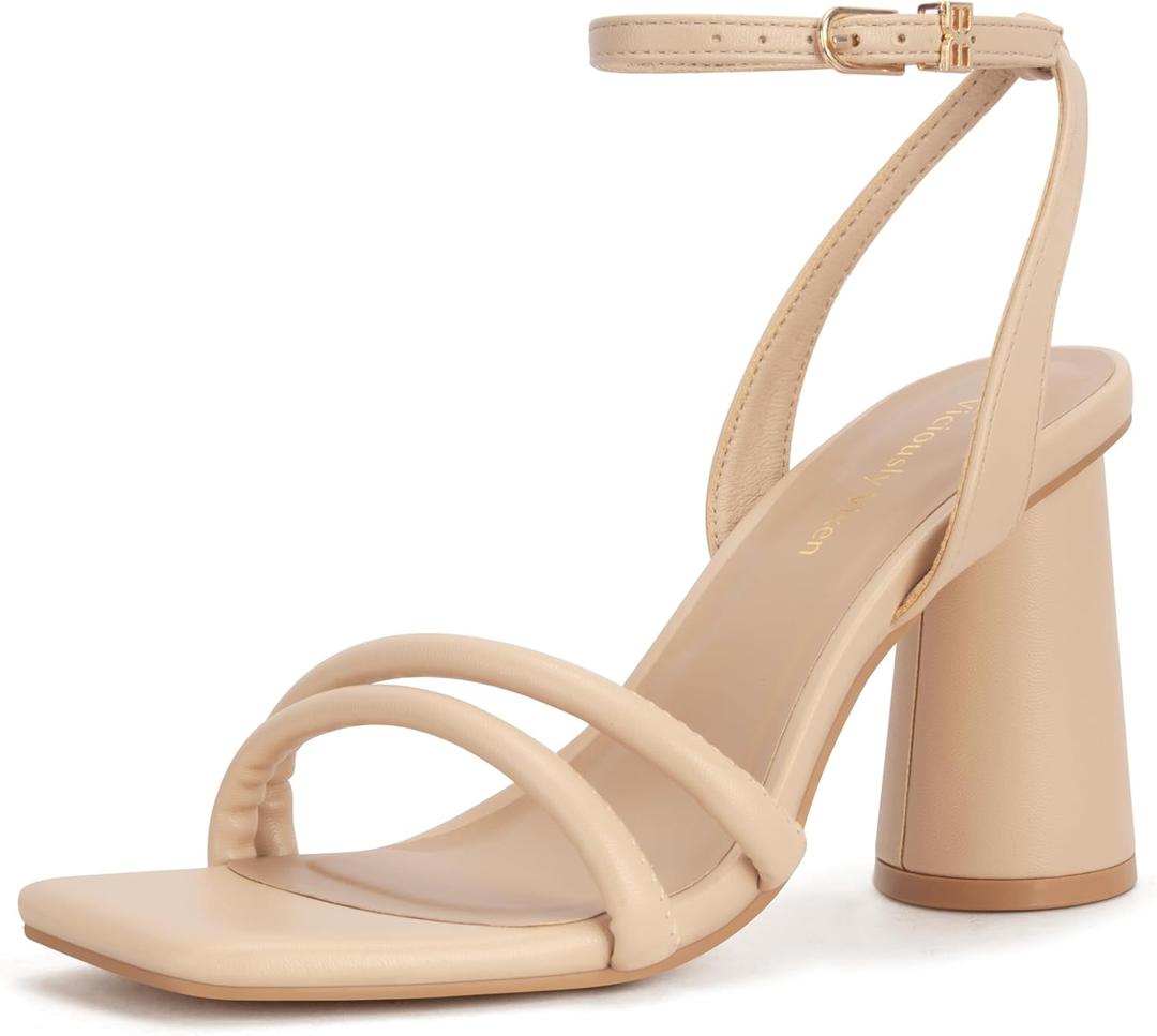Women's Block High Heels Square Toe Heeled Sandals Ankle Strap Shoes
 Size 7