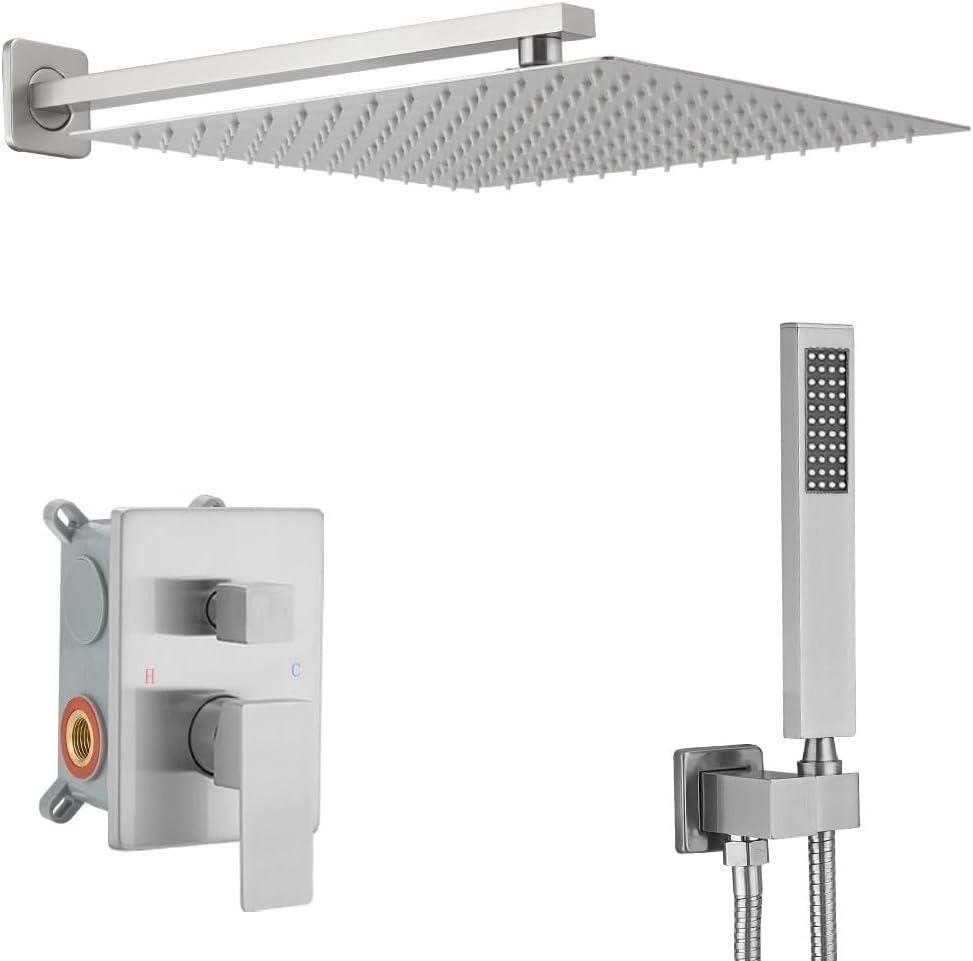 Brushed Nickel Shower System 16 Inch Bathroom Luxury Rain Mixer Shower Combo Set Wall Mounted Rainfall Shower Head and Handheld System Shower Faucet Set Rough-in Valve Body and Trim Kit