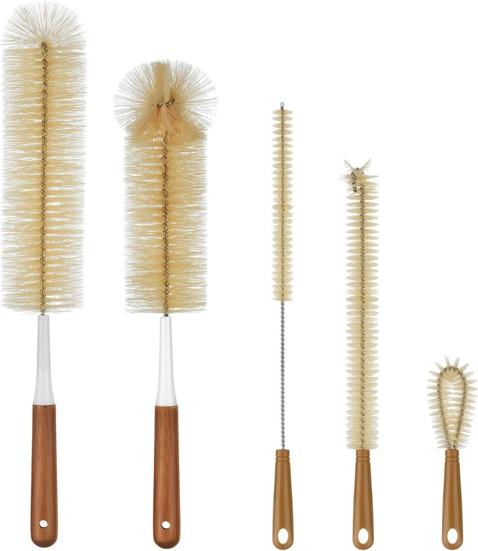 ALINK 5-Pack Bottle Brush Cleaner - Extra Long Bamboo Handle Water Bottle Straw Cleaning Brush for Washing Narrow Neck Beer Wine Decanter, Sports Bottle, Thermos, Flask, Jug