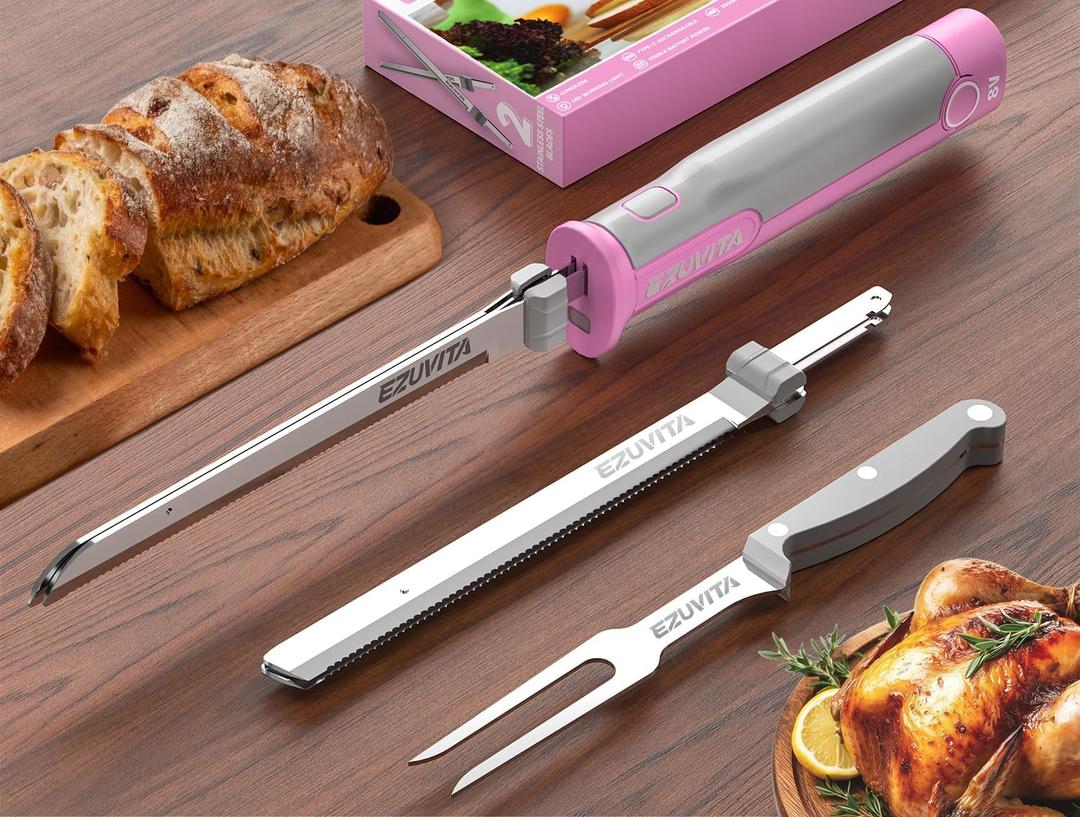 8V Cordless Electric Knife Set, Rechargeable Electric Carving Knife with Reciprocating Stainless Steel Blades for Meat & Bread, Fork Included, Equipped with interchangeable 2000mAh Large Capacity Battery, Ergonomic Handle and Safety Lock for Turkey, Meat, Poultry, Bread, Cheese ( Pink & Grey )