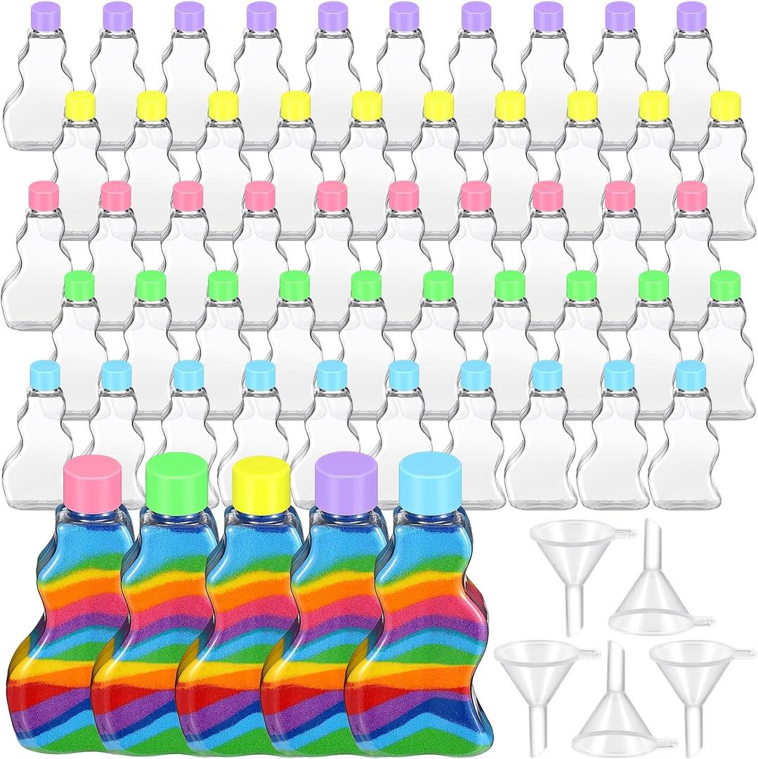 Nuenen 50 Pcs Sand Art Bottles Bulk with Funnels Plastic Wave Shaped Sand Art Containers for DIY Craft Party Supplies(Colorful Lid)