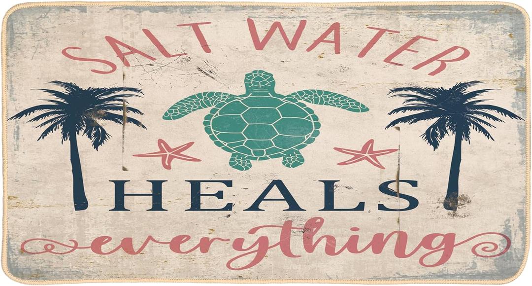 Welcome Door Mat Summer Indoor Doormat Ocean Decor, Salt Water Heals Everything Turtle 30 x 16 Inch Non-Slip Rubber Door Mat for Home Decoration, 15.7*29.5inches, 035zz