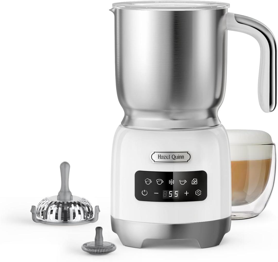 Hazel Quinn Milk Frother and Steamer, Variable Temp and Thickness, Detachable for Dishwasher Safe, 400ml / 13.5oz Milk Warm for Hot & Cold Latte, Cappuccino Hot Chocolate - Pearl White