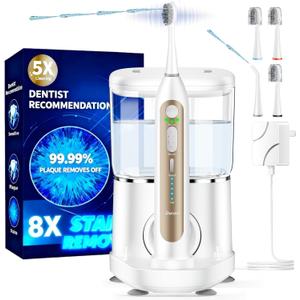 Electric Toothbrush with Water Flosser, Upgrade Flossing Toothbrush Combo with 3 Brush + 1 Nozzle, 5 Floss Speeds&3 Brush Modes, 500mL Tank, 30-Day Battery, for Adults & Teens, Gums, Braces-White