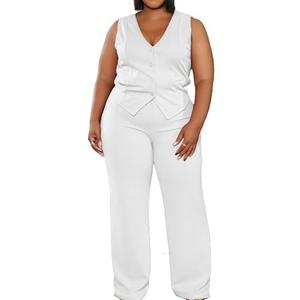 Women's Plus Size Pant Suits 2 Piece Outfits Button Vest Blazer Pockets Wide Leg Pants Sets Casual Pantsuits, Size: 2XL Women's Plus Size Pant Suits 2 Piece Outfits Button Vest Blazer Pockets Wide Leg Pants Sets Casual Pantsuits, Size: 2XL