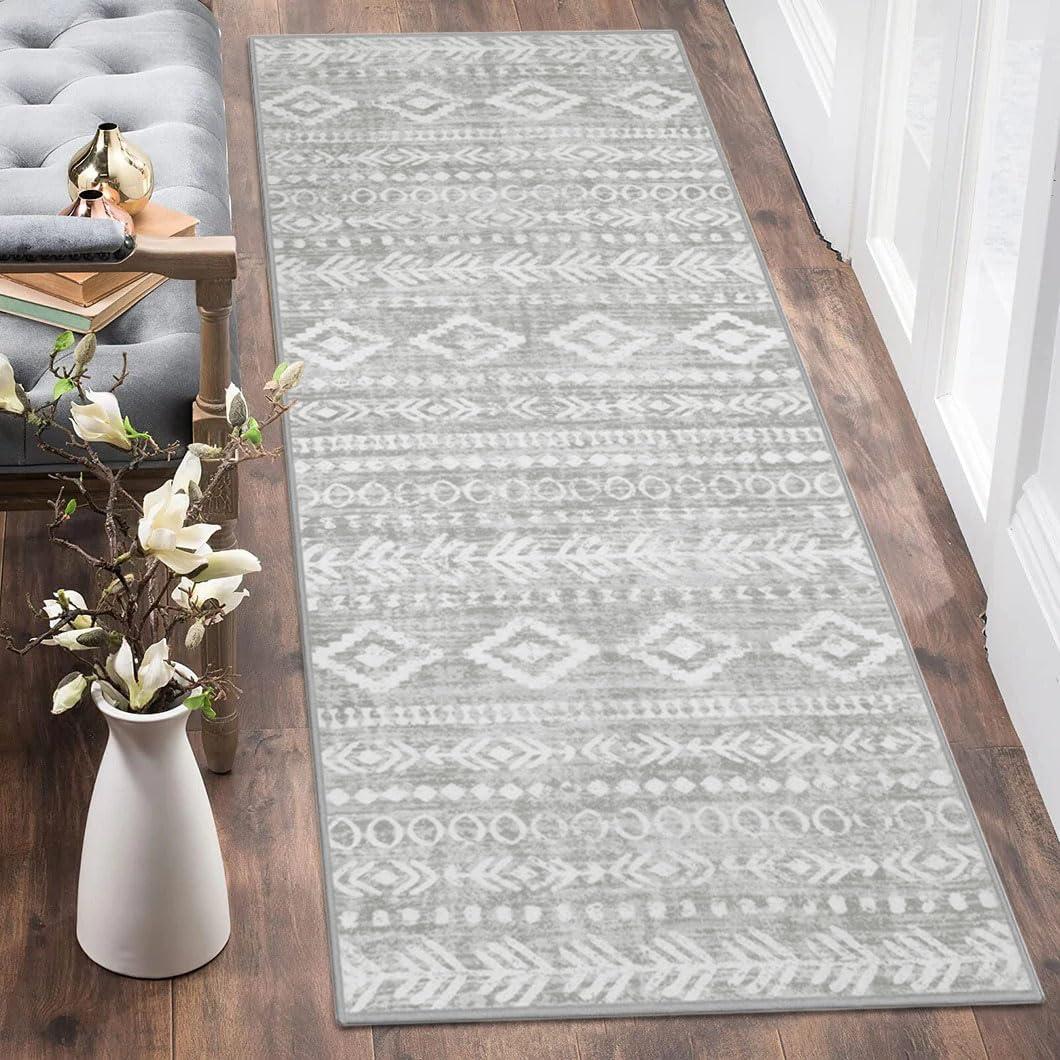Lahome Farmhouse Grey Hallway Runner Rug, Ultra-Thin Washable 2x5 Laundry Room Rug Runner with Rubber Backing, Non Slip Low Pile Tribal Print Indoor Floor Carpet Runner for Entry Bathroom