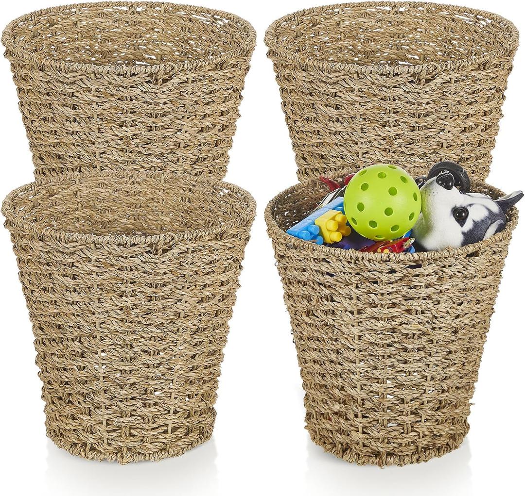 Hushee 4 Pcs Seagrass Waste Basket 3 Gallons Wicker Waste Basket Woven Rattan Trash Can Boho Wicker Garbage Can for Bathroom Bedroom Kitchen Offices Home, Brown