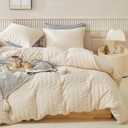 WARMDERN Duvet Cover Set King Size, 3pcs Washed Microfiber Beige Bedding Set, Soft Breathable Striped Textured Seersucker Duvet Cover with Zipper Closure & Corner Ties(Beige, King)