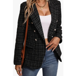 MINA SELF Women's Casual Slim Notched Plaid Tweed Blazer Elegant Open Front Long Sleeve Business Work Jacket Dress Coat Large