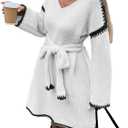 Womens Color Block Sweater Dress with Belt, Rolled Hem, Long Sleeve, V Neck, Knee Length, A Line, Oversized Knit Dress Fall (White) 
Small