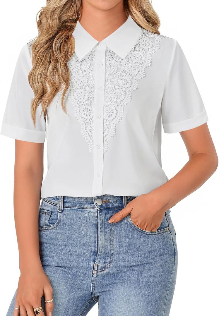 LYANER Women's Lace Collar Neck Short Sleeve Button Down Elegant Work Shirt Blouse Top (White, XS)