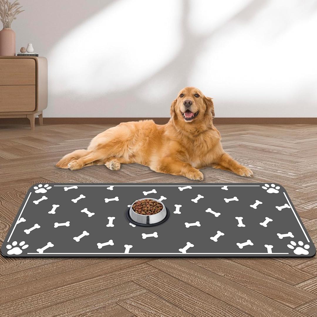 Large Pet Feeding Mat, Absorbent Quick Dry Dog Mat For Food And Water Bowl, Non Skid Cat Bowl Mat, No Stains For Pet Water Dispenser Pet Supplies For Messy Drinkers (39.4" X 31.5", Dog Bone Print)