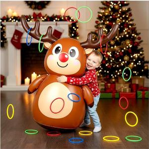 Christmas Games for Family Party，Inflatable Reindeer Antler Ring Toss Game and Wobbling Punching Bag, Fun Holiday Games Xmas Gifts for Kids and Adults Also Great for Carnival Decoration
