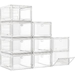 7 Code Large Clear Shoe Boxes OrganizerThicker Material Stronger Shoe Box with Magnetic Door, Stackable Shoe Storage Box for Closet, Foldable Space-Saving Storage Bins Shoe Cabinet, White 9 Pack
