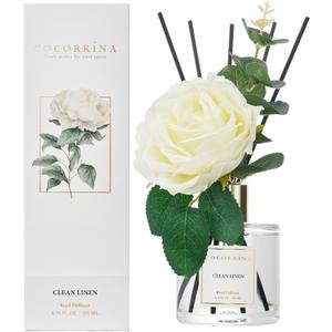 Cocorrna Flower Reed Diffuser - Clean Linen 6.7oz Scented Diffuser with Sticks Home Fragrance Essential Oil for Bathroom Shelf Decor (Artificial Flower)