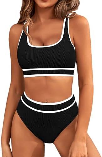 BMJL Women's High Waisted Bikini Sets Sporty Two Piece Swimsuits Color Block Cheeky High Cut Bathing Suits L