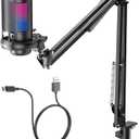 Gaming Microphone, USB PC Mic for Podcasts Videos, Streaming, Condenser Mic with Quick Mute, Tripod Stand, Pop Filter, RGB Indicator, Shock Mount, Rotate gain button, Compatible with PS4/5/PC (With Boom Arm)
