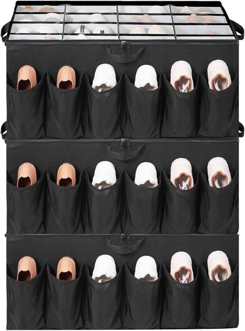 Extra Large Fabric Shoe Organizer for Closet, Fits up to 28 Pairs, Foldable Shoe Storage Bin Containers with Adjustable Dividers and Clear Cover, Black, 3 Pack
