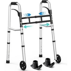 HOMENURSE Narrow Walkers for Seniors, Folding Walker with Skis and 5" Wheels for Small Spaces, Adjustable Width & Height, Aluminum Lightweight Standard Rolling Walker, Support Up to 350lbs, Silver