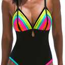 popvil One Piece Swimsuit for Women 2026 Bathing Suit Rainbow Color Block Swim Suits Deep V Neck Swimwear L