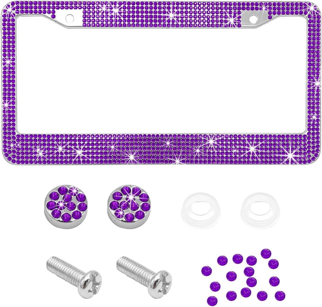 Ohleats Car License Plate Frame, Sparkling Stainless Steel License Plate Frame, Bling Diamond License Plate Holder Cover for Women Men, Universal Exterior Car Accessories (Dark Purple)