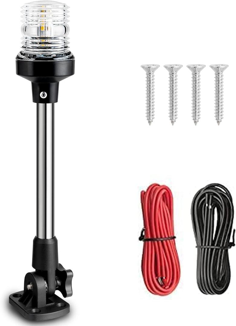 Young Marine Boat Anchor Light 3-Nautical Mile White LED Fold Down Stern Light for Pontoon and Fishing Boat All Round 360 White LED 12-24V (12" Foldable)