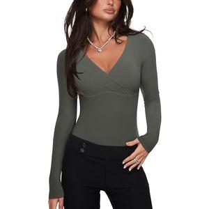 REORIA Women's Long Sleeve Cross Wrap Ruched Bodysuit Sexy Deep V Neck Slim Fit Body Suit Concert Tops Thyme X-Large