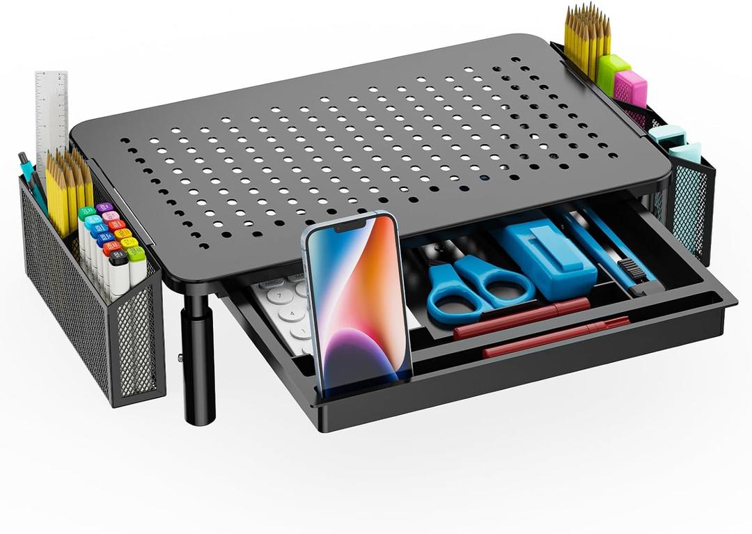 WALI Desk File Organizer, 2 Tier Desktop Paper Letter Tray Organizer with Drawer and Pen Holders, Office Desk Accessories, Laptop Riser for Computer, Laptop, Printer (STT003DH-B), 1 Pack, Black